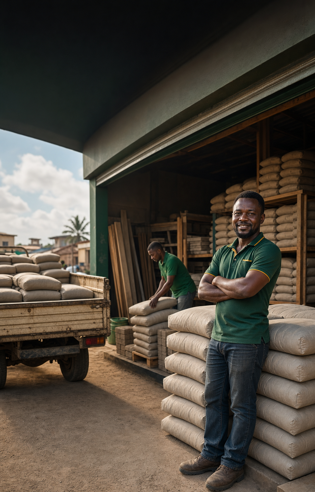 Nigerian cement retailer standing near stacked cement bags in a shop